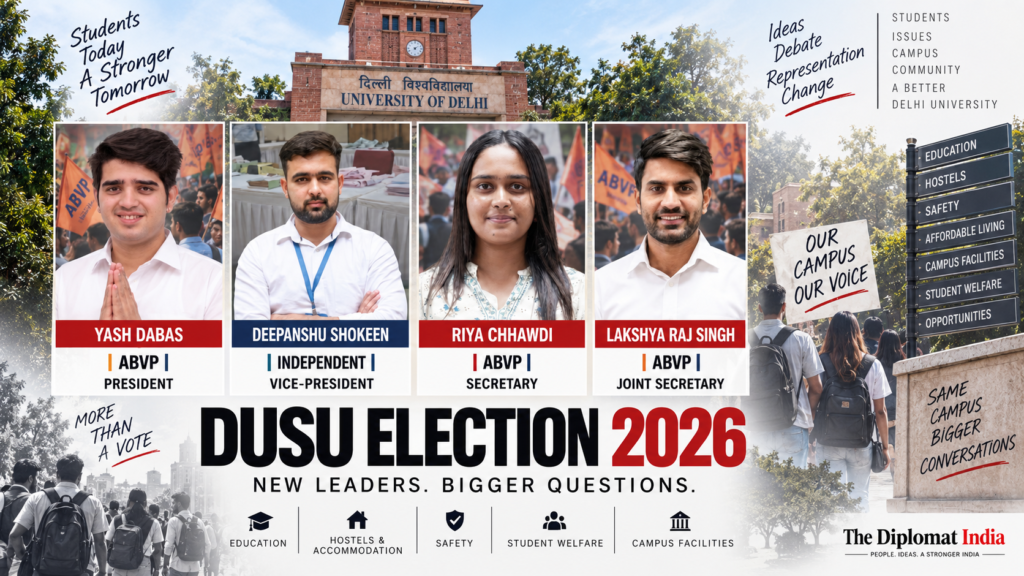 DUSU Election 2026 winners Yash Dabas Deepanshu Shokeen Riya Chhawdi and Lakshya Raj Singh