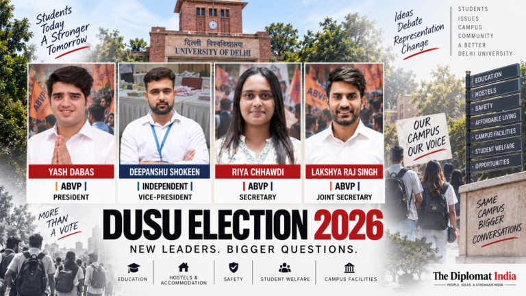 DUSU Election 2026 winners Yash Dabas Deepanshu Shokeen Riya Chhawdi and Lakshya Raj Singh