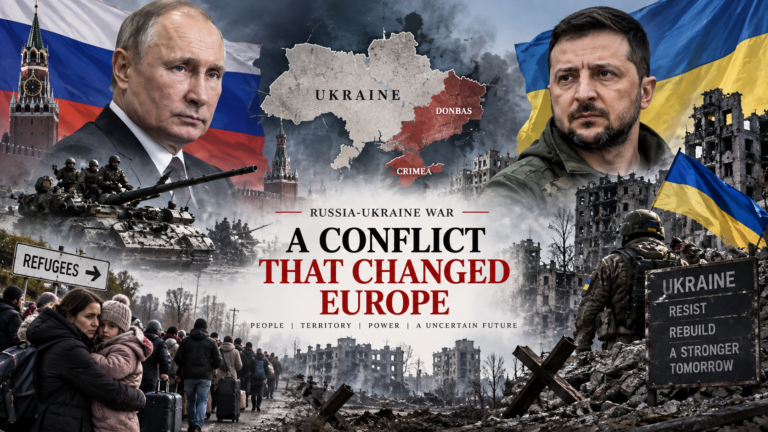 Russia Ukraine war showing Putin, Zelenskyy, Donbas, Crimea, military conflict and refugees